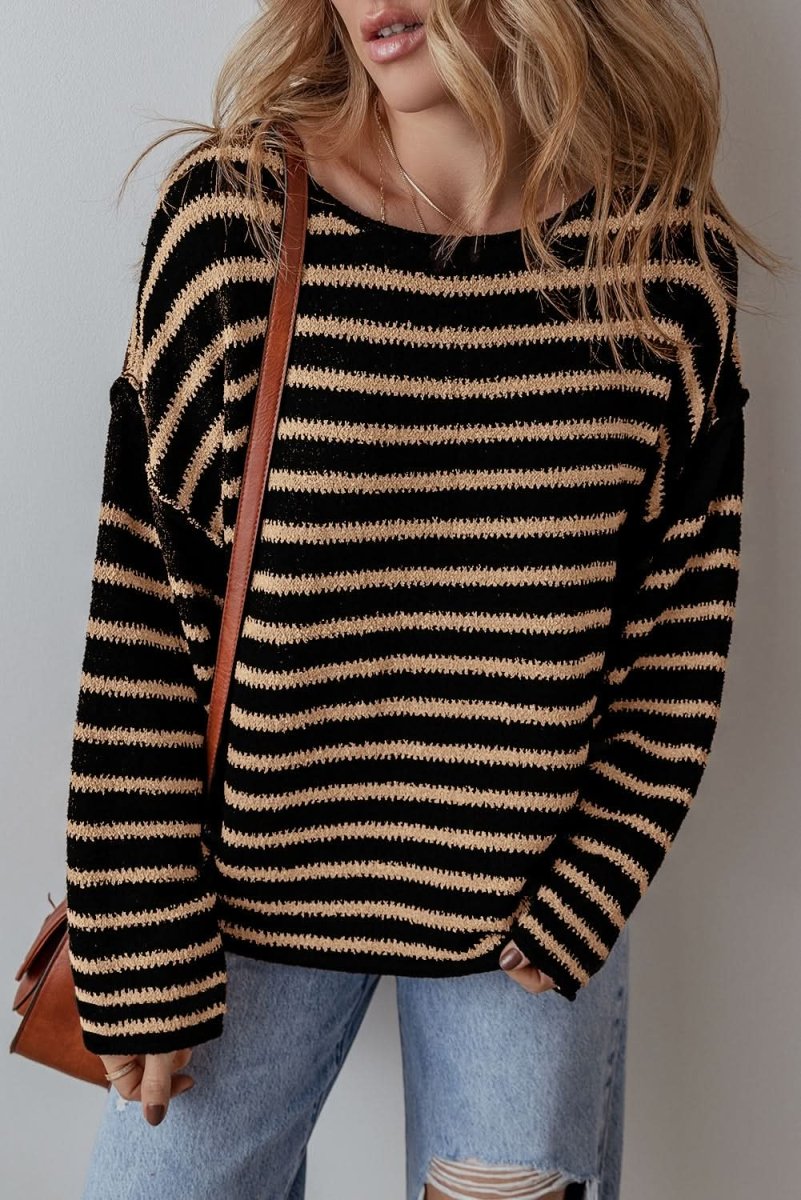Trendy Black Striped Oversized Round Neck Sweater - Love Salve